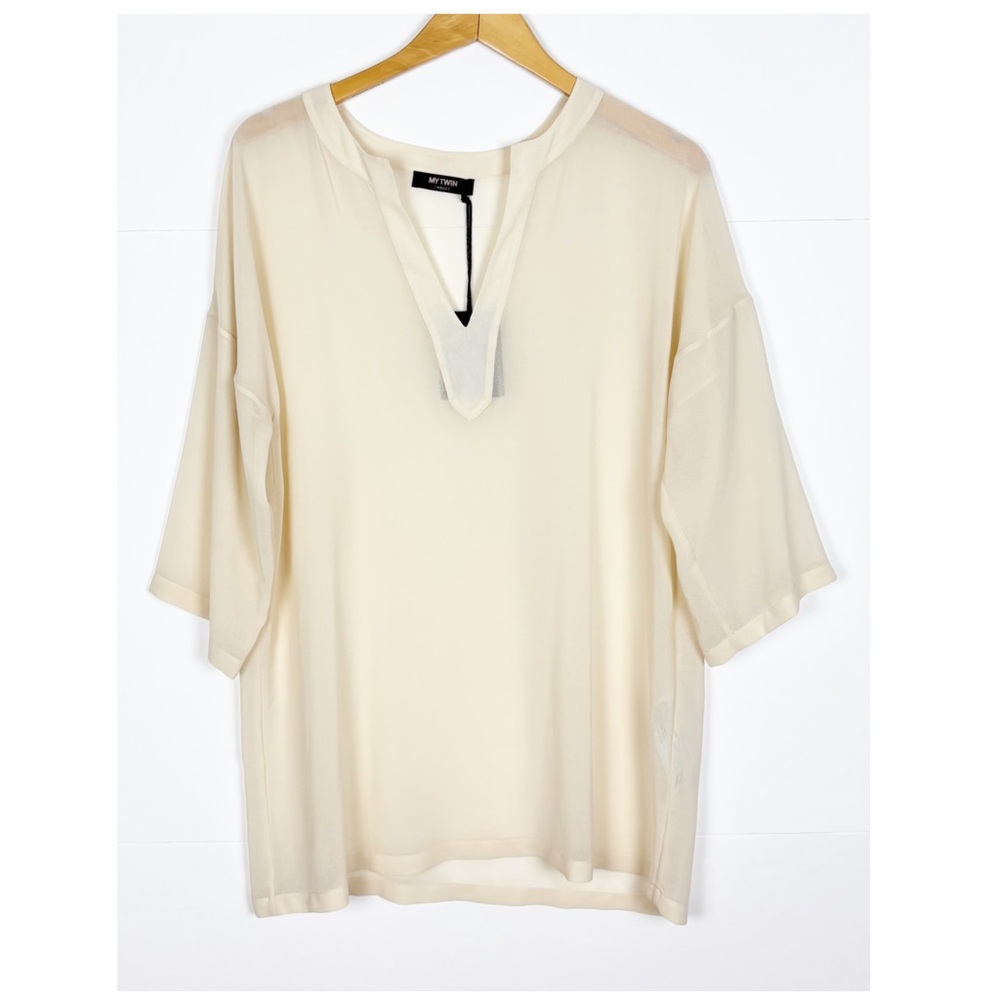 My Twin Twinset Blouse Women’s Size XL Split Neck Sheer Ivory